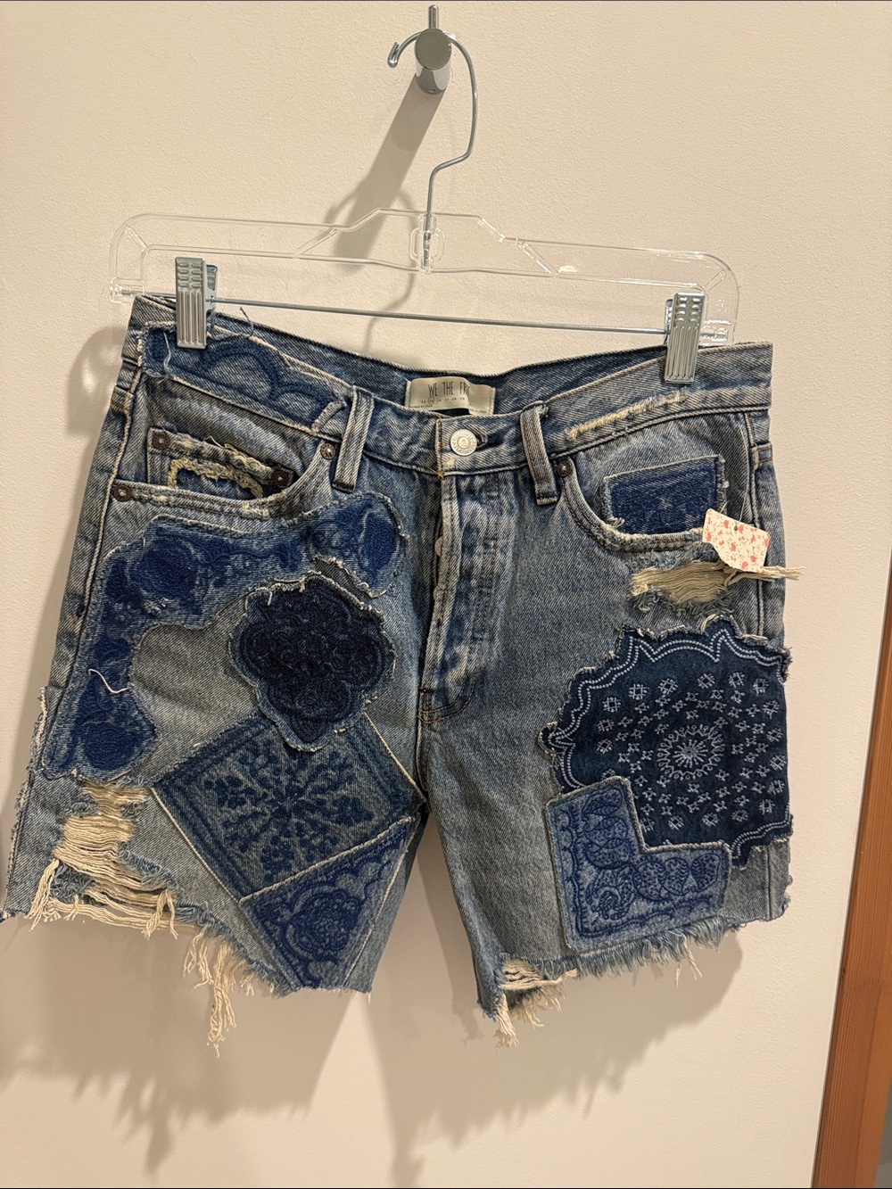 We The Free Blue Patchwork Bandana Denim Shorts